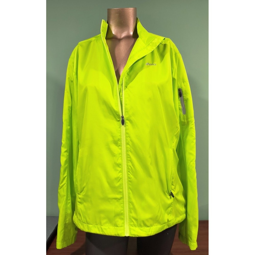 Asics Womens Neon Lime Green Mesh Lined Full Zip Windbreaker Jacket Size L